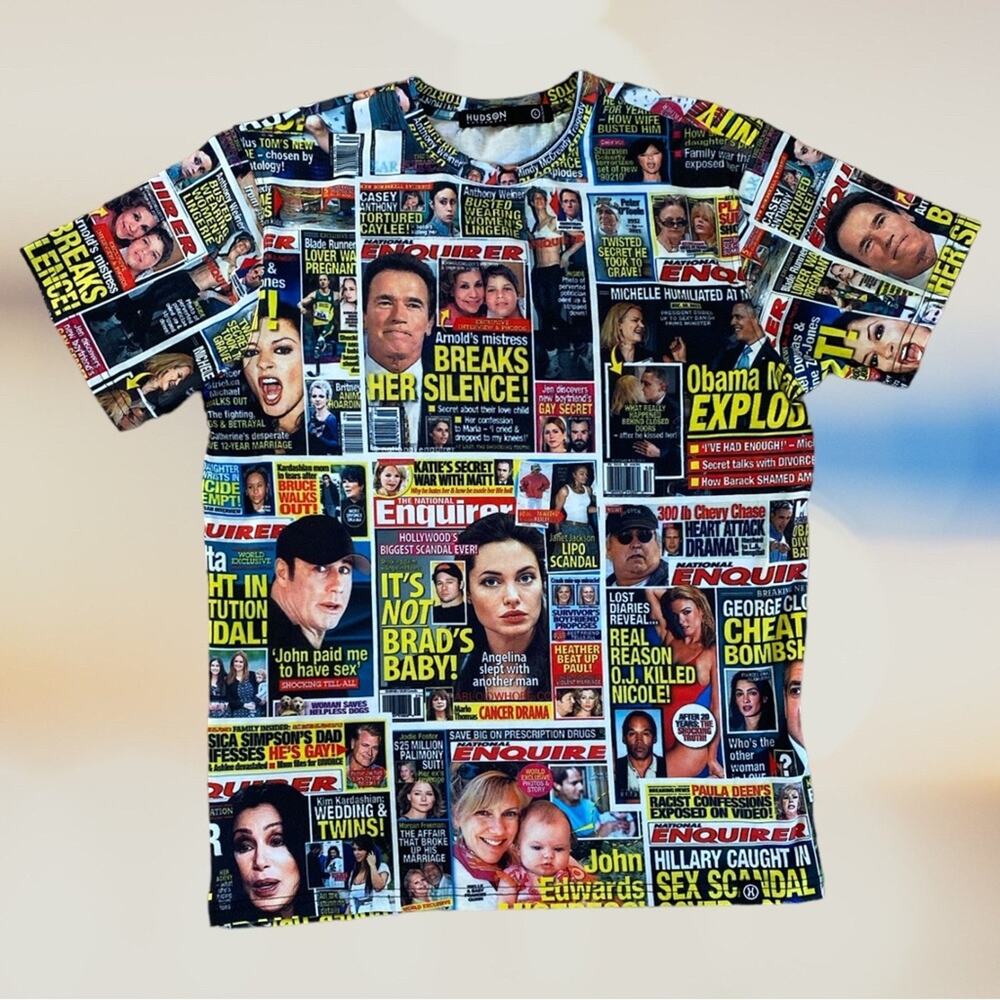 Hudson Outerwear tabloid National Enquirer news cover collage tshirt